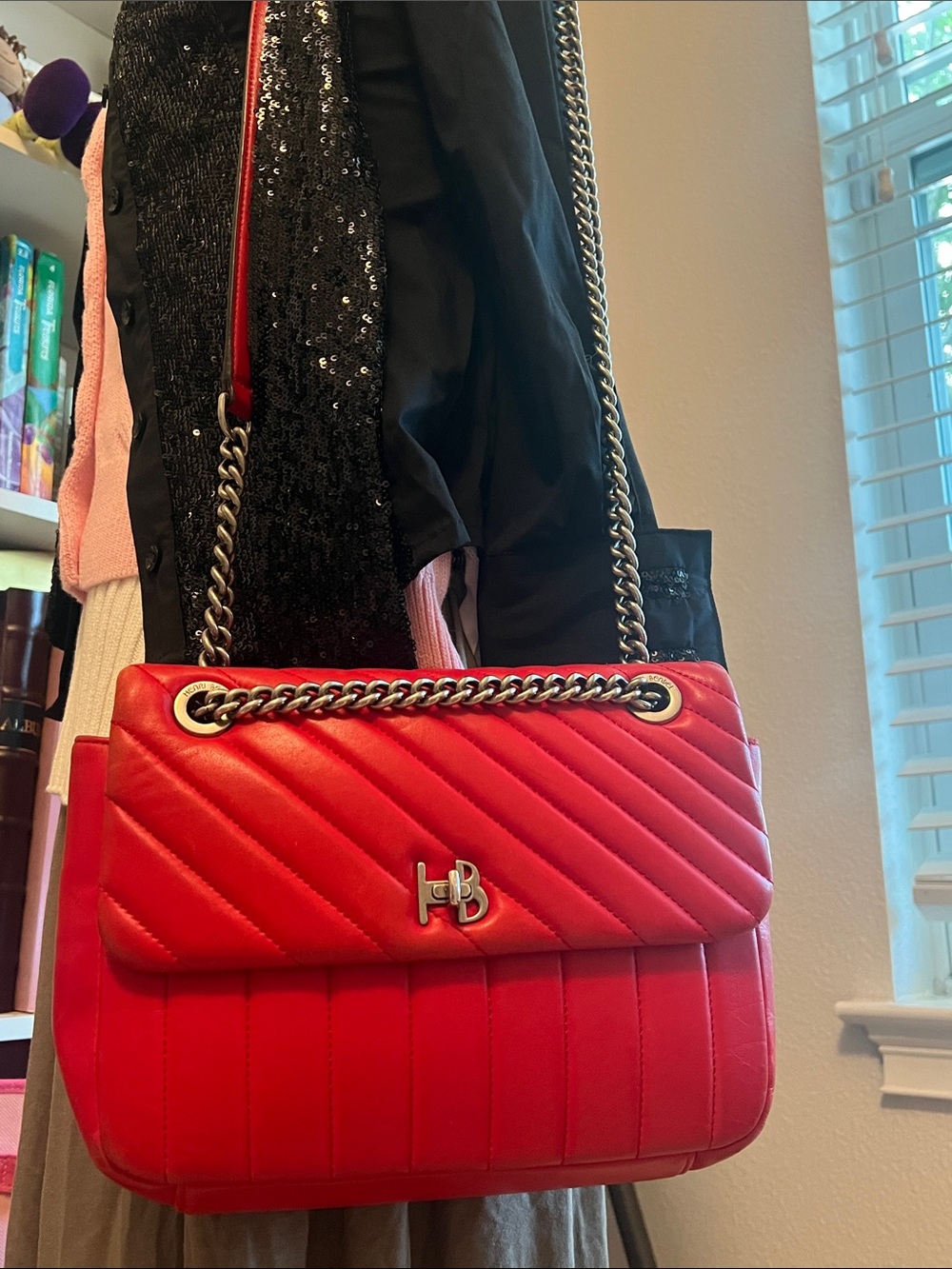 Henri Bendel Quilted Red Shoulder Bag with Chain Strap